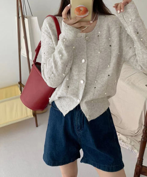 パール付き ニットカーディガン大人可愛い レディース ダメージニットトップス クルーネックニットセーター カジュアルきれいめ ガーリーニット羽織り春秋冬 韓国風 86LBYOU-001