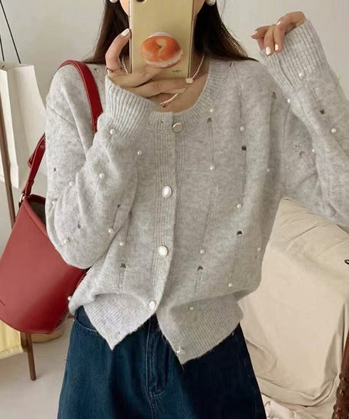 パール付き ニットカーディガン大人可愛い レディース ダメージニットトップス クルーネックニットセーター カジュアルきれいめ ガーリーニット羽織り春秋冬 韓国風 86LBYOU-001
