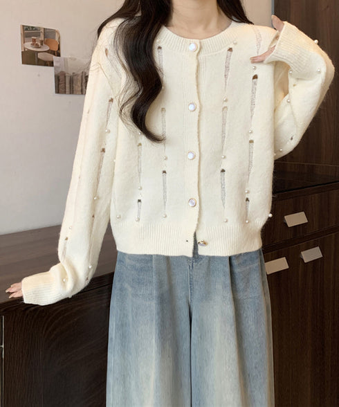 パール付き ニットカーディガン大人可愛い レディース ダメージニットトップス クルーネックニットセーター カジュアルきれいめ ガーリーニット羽織り春秋冬 韓国風 86LBYOU-001