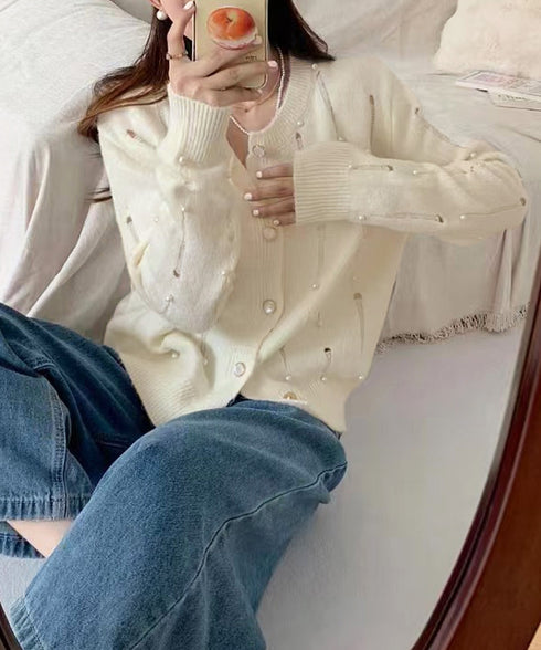 パール付き ニットカーディガン大人可愛い レディース ダメージニットトップス クルーネックニットセーター カジュアルきれいめ ガーリーニット羽織り春秋冬 韓国風 86LBYOU-001