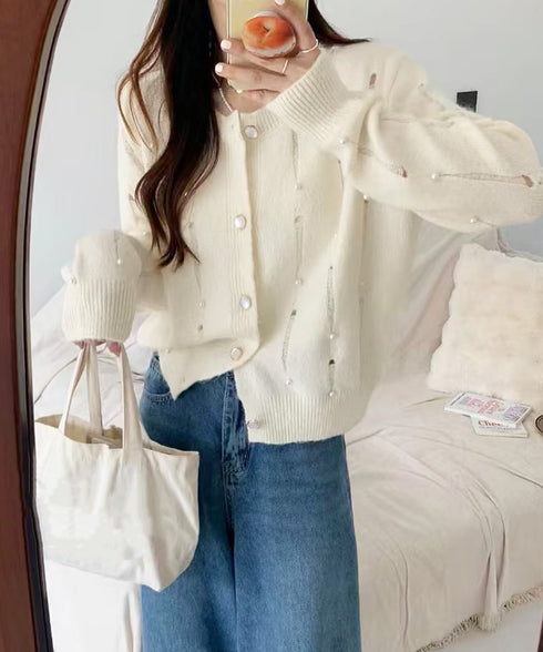 パール付き ニットカーディガン大人可愛い レディース ダメージニットトップス クルーネックニットセーター カジュアルきれいめ ガーリーニット羽織り春秋冬 韓国風 86LBYOU-001