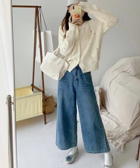 パール付き ニットカーディガン大人可愛い レディース ダメージニットトップス クルーネックニットセーター カジュアルきれいめ ガーリーニット羽織り春秋冬 韓国風 86LBYOU-001