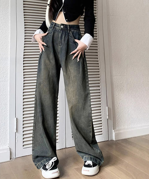 ヴィンテージタックワイドデニムパンツ脚長 ハイウエスト ワイドストレートデニムレディース ゆったりジーンズ体型カバー ジーパン ストリートデニムロングパンツ 美脚 86LDKFZ-001