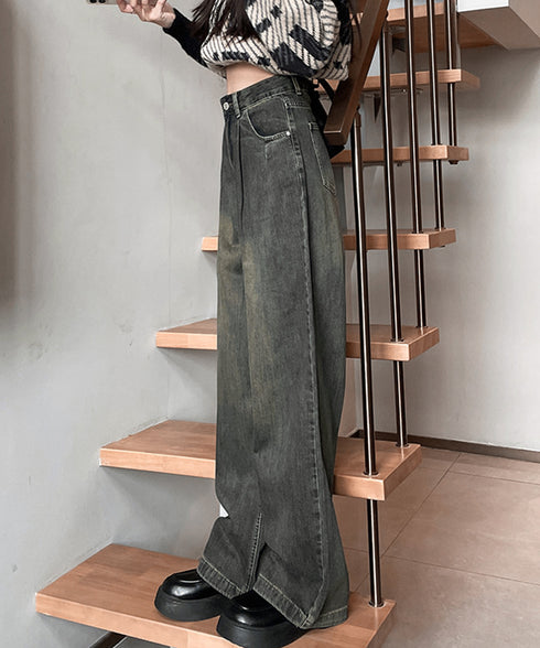 ヴィンテージタックワイドデニムパンツ脚長 ハイウエスト ワイドストレートデニムレディース ゆったりジーンズ体型カバー ジーパン ストリートデニムロングパンツ 美脚 86LDKFZ-001