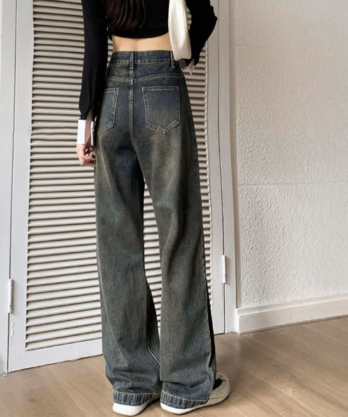 ヴィンテージタックワイドデニムパンツ脚長 ハイウエスト ワイドストレートデニムレディース ゆったりジーンズ体型カバー ジーパン ストリートデニムロングパンツ 美脚 86LDKFZ-001
