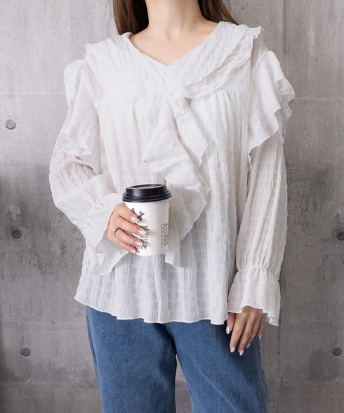 フリルブラウスVネックシアーシャツ韓国風 レディース ゆったり長袖ブラウス 着やせ 透け感春服 通勤ブラウス薄手 オフィスカジュアル シアートップス 大人かわいい 86LHANJ-001
