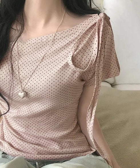 ドット柄tシャツオフショルダートップス夏 チョーカートップス半袖Tシャツレディースおしゃれtシャツアシンメトリー 可愛いリボンタイトップス韓国風セクシーカットソー 86LHHHY-001