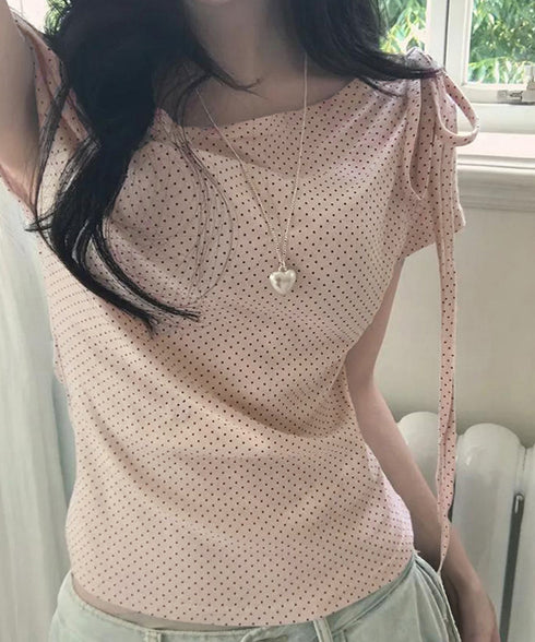 ドット柄tシャツオフショルダートップス夏 チョーカートップス半袖Tシャツレディースおしゃれtシャツアシンメトリー 可愛いリボンタイトップス韓国風セクシーカットソー 86LHHHY-001