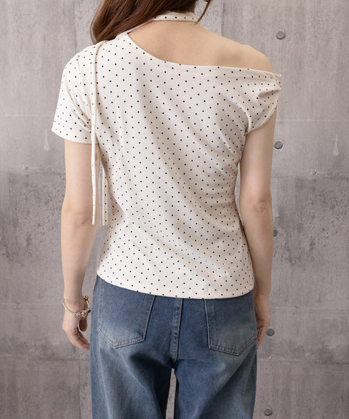 ドット柄tシャツオフショルダートップス夏 チョーカートップス半袖Tシャツレディースおしゃれtシャツアシンメトリー 可愛いリボンタイトップス韓国風セクシーカットソー 86LHHHY-001