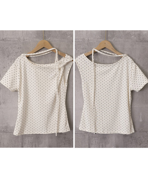 ドット柄tシャツオフショルダートップス夏 チョーカートップス半袖Tシャツレディースおしゃれtシャツアシンメトリー 可愛いリボンタイトップス韓国風セクシーカットソー 86LHHHY-001