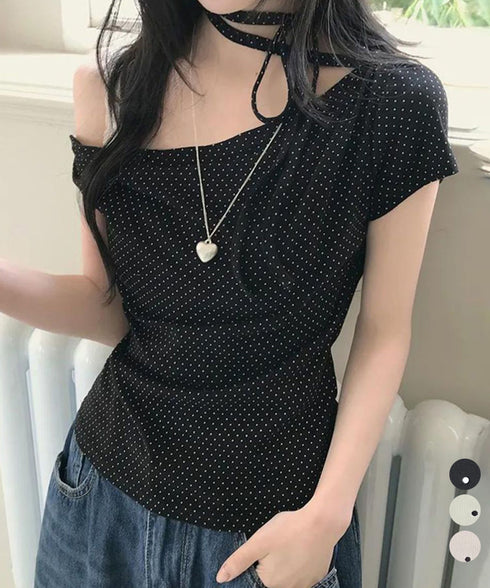 ドット柄tシャツオフショルダートップス夏 チョーカートップス半袖Tシャツレディースおしゃれtシャツアシンメトリー 可愛いリボンタイトップス韓国風セクシーカットソー 86LHHHY-001