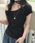 ドット柄tシャツオフショルダートップス夏 チョーカートップス半袖Tシャツレディースおしゃれtシャツアシンメトリー 可愛いリボンタイトップス韓国風セクシーカットソー 86LHHHY-001
