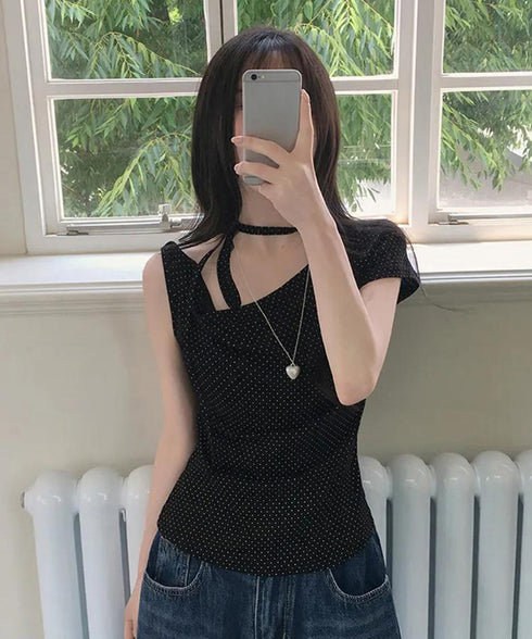 ドット柄tシャツオフショルダートップス夏 チョーカートップス半袖Tシャツレディースおしゃれtシャツアシンメトリー 可愛いリボンタイトップス韓国風セクシーカットソー 86LHHHY-001
