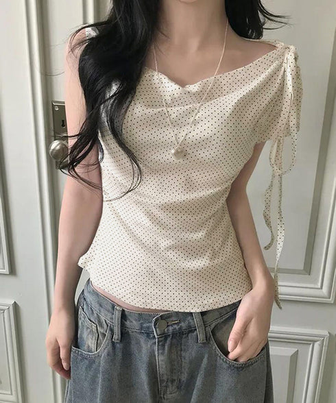 ドット柄tシャツオフショルダートップス夏 チョーカートップス半袖Tシャツレディースおしゃれtシャツアシンメトリー 可愛いリボンタイトップス韓国風セクシーカットソー 86LHHHY-001