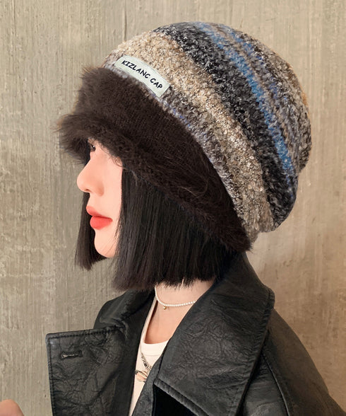 ミックスニット帽 もこもこニットキャップ 配色ボーダー柄ニット帽子 小顔 ロゴ付きぼうしレディース 可愛いニットビーニー秋冬ニットハット あったか アウトドア旅行 86LHJIN-001
