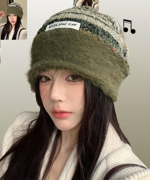 ミックスニット帽 もこもこニットキャップ 配色ボーダー柄ニット帽子 小顔 ロゴ付きぼうしレディース 可愛いニットビーニー秋冬ニットハット あったか アウトドア旅行 86LHJIN-001