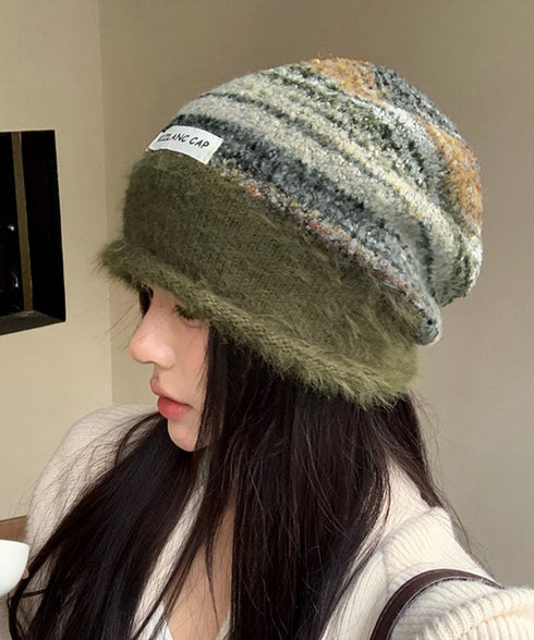 ミックスニット帽 もこもこニットキャップ 配色ボーダー柄ニット帽子 小顔 ロゴ付きぼうしレディース 可愛いニットビーニー秋冬ニットハット あったか アウトドア旅行 86LHJIN-001