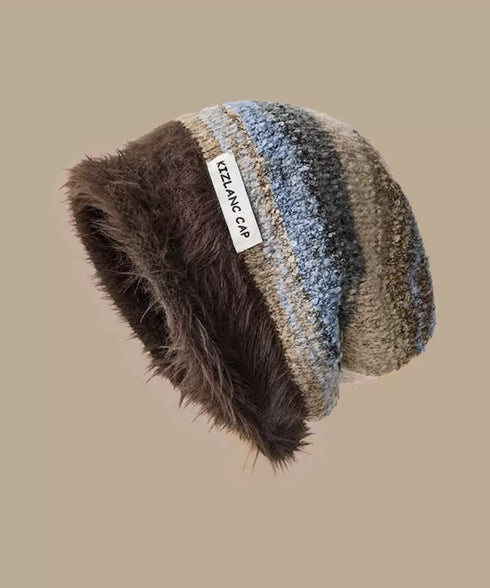 ミックスニット帽 もこもこニットキャップ 配色ボーダー柄ニット帽子 小顔 ロゴ付きぼうしレディース 可愛いニットビーニー秋冬ニットハット あったか アウトドア旅行 86LHJIN-001