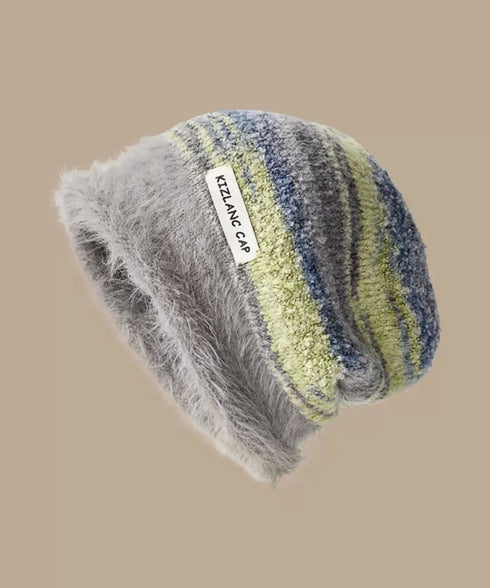 ミックスニット帽 もこもこニットキャップ 配色ボーダー柄ニット帽子 小顔 ロゴ付きぼうしレディース 可愛いニットビーニー秋冬ニットハット あったか アウトドア旅行 86LHJIN-001