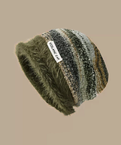 ミックスニット帽 もこもこニットキャップ 配色ボーダー柄ニット帽子 小顔 ロゴ付きぼうしレディース 可愛いニットビーニー秋冬ニットハット あったか アウトドア旅行 86LHJIN-001