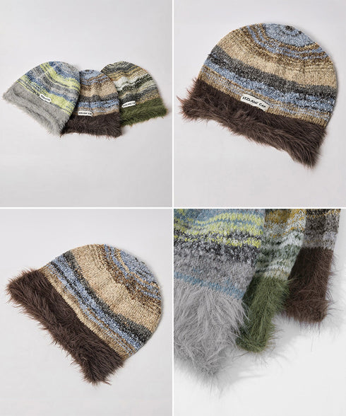 ミックスニット帽 もこもこニットキャップ 配色ボーダー柄ニット帽子 小顔 ロゴ付きぼうしレディース 可愛いニットビーニー秋冬ニットハット あったか アウトドア旅行 86LHJIN-001