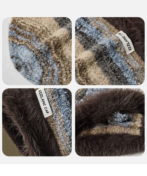 ミックスニット帽 もこもこニットキャップ 配色ボーダー柄ニット帽子 小顔 ロゴ付きぼうしレディース 可愛いニットビーニー秋冬ニットハット あったか アウトドア旅行 86LHJIN-001