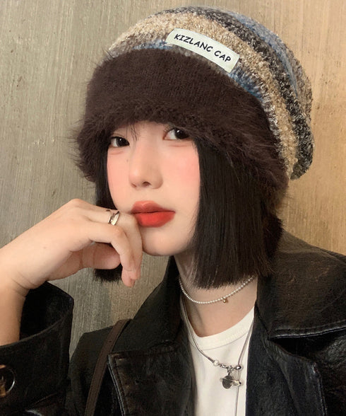 ミックスニット帽 もこもこニットキャップ 配色ボーダー柄ニット帽子 小顔 ロゴ付きぼうしレディース 可愛いニットビーニー秋冬ニットハット あったか アウトドア旅行 86LHJIN-001
