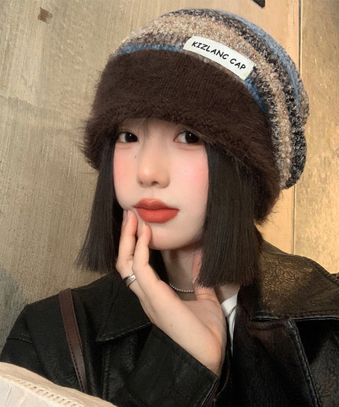 ミックスニット帽 もこもこニットキャップ 配色ボーダー柄ニット帽子 小顔 ロゴ付きぼうしレディース 可愛いニットビーニー秋冬ニットハット あったか アウトドア旅行 86LHJIN-001