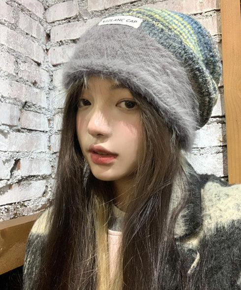 ミックスニット帽 もこもこニットキャップ 配色ボーダー柄ニット帽子 小顔 ロゴ付きぼうしレディース 可愛いニットビーニー秋冬ニットハット あったか アウトドア旅行 86LHJIN-001