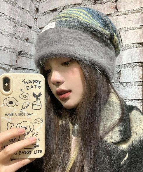 ミックスニット帽 もこもこニットキャップ 配色ボーダー柄ニット帽子 小顔 ロゴ付きぼうしレディース 可愛いニットビーニー秋冬ニットハット あったか アウトドア旅行 86LHJIN-001