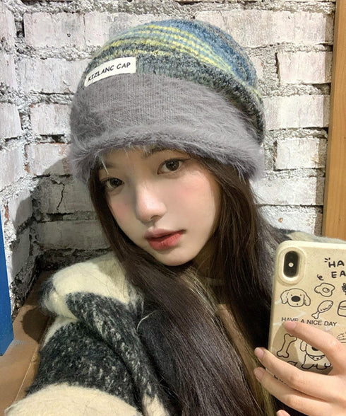 ミックスニット帽 もこもこニットキャップ 配色ボーダー柄ニット帽子 小顔 ロゴ付きぼうしレディース 可愛いニットビーニー秋冬ニットハット あったか アウトドア旅行 86LHJIN-001