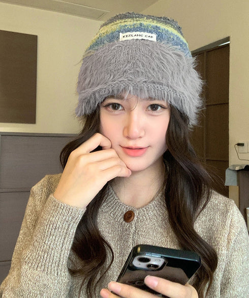 ミックスニット帽 もこもこニットキャップ 配色ボーダー柄ニット帽子 小顔 ロゴ付きぼうしレディース 可愛いニットビーニー秋冬ニットハット あったか アウトドア旅行 86LHJIN-001