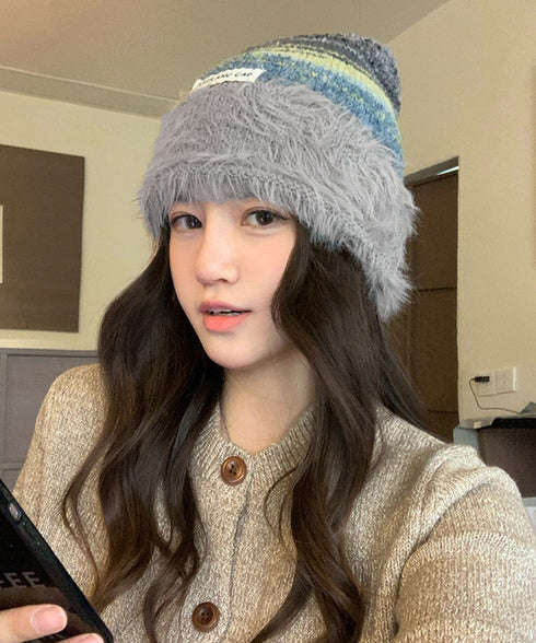 ミックスニット帽 もこもこニットキャップ 配色ボーダー柄ニット帽子 小顔 ロゴ付きぼうしレディース 可愛いニットビーニー秋冬ニットハット あったか アウトドア旅行 86LHJIN-001