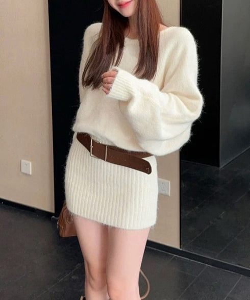 ミニニットワンピースウエストマーク韓国風 ベルト付きリブワンピース レディース タイトシャギーミニワンピース チュニックワンピ秋冬長袖 オフショルダーワンピ着やせ 86LHYI-001