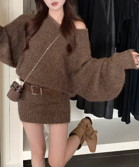 ミニニットワンピースウエストマーク韓国風 ベルト付きリブワンピース レディース タイトシャギーミニワンピース チュニックワンピ秋冬長袖 オフショルダーワンピ着やせ 86LHYI-001