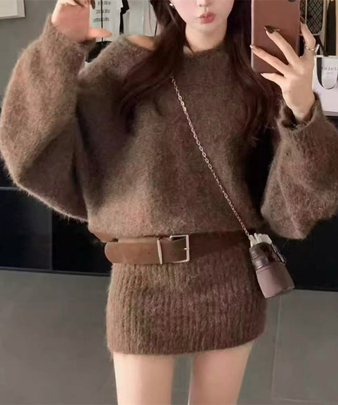 ミニニットワンピースウエストマーク韓国風 ベルト付きリブワンピース レディース タイトシャギーミニワンピース チュニックワンピ秋冬長袖 オフショルダーワンピ着やせ 86LHYI-001