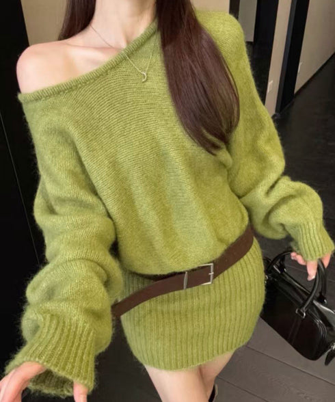 ミニニットワンピースウエストマーク韓国風 ベルト付きリブワンピース レディース タイトシャギーミニワンピース チュニックワンピ秋冬長袖 オフショルダーワンピ着やせ 86LHYI-001