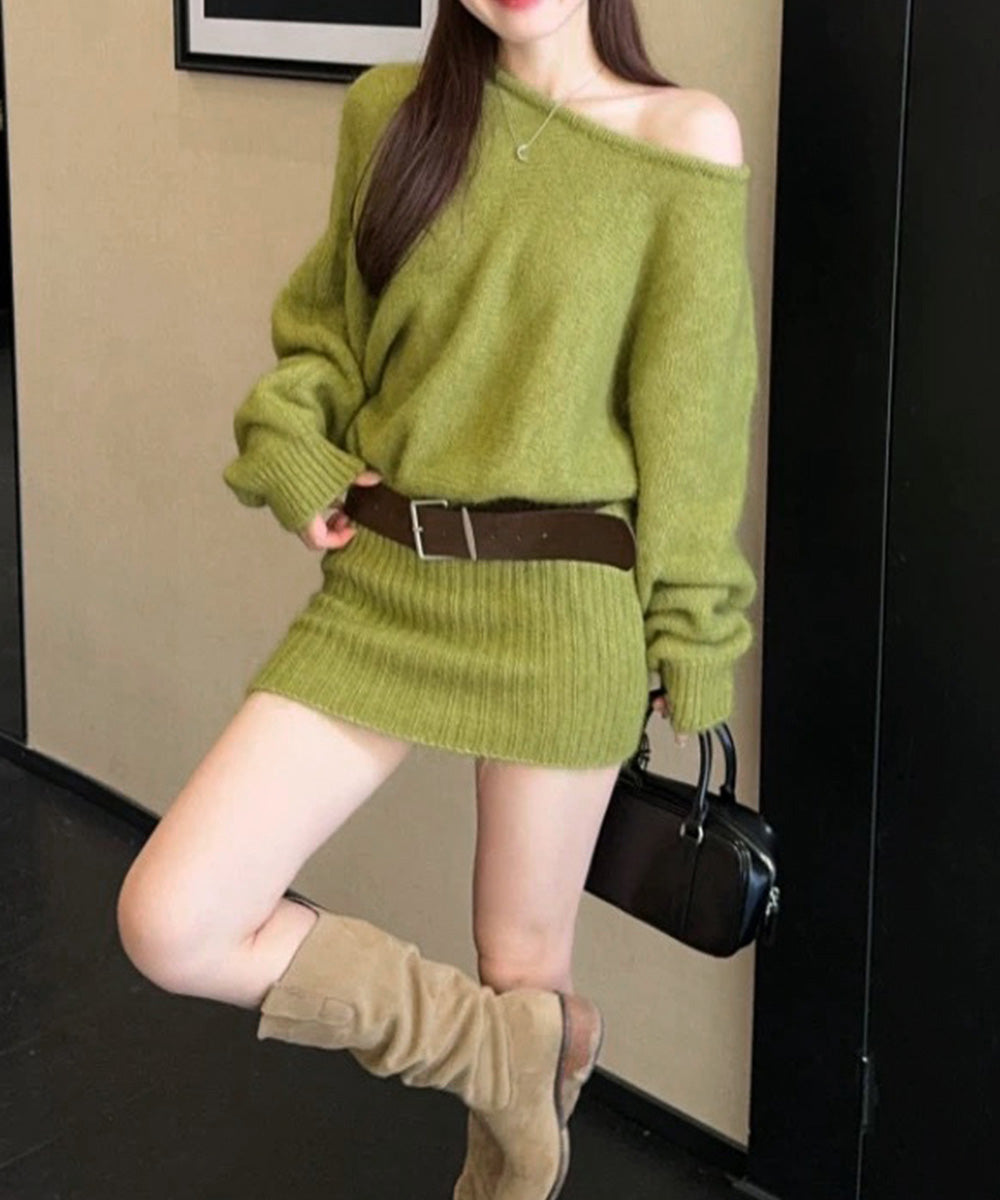 ミニニットワンピースウエストマーク韓国風