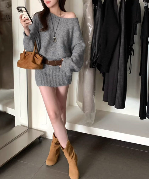 ミニニットワンピースウエストマーク韓国風 ベルト付きリブワンピース レディース タイトシャギーミニワンピース チュニックワンピ秋冬長袖 オフショルダーワンピ着やせ 86LHYI-001