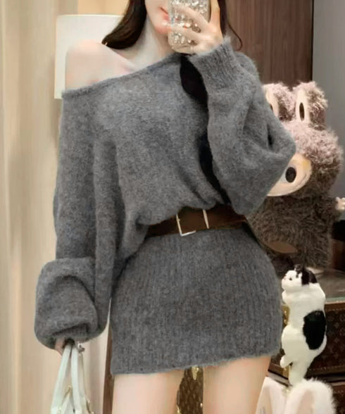 ミニニットワンピースウエストマーク韓国風 ベルト付きリブワンピース レディース タイトシャギーミニワンピース チュニックワンピ秋冬長袖 オフショルダーワンピ着やせ 86LHYI-001