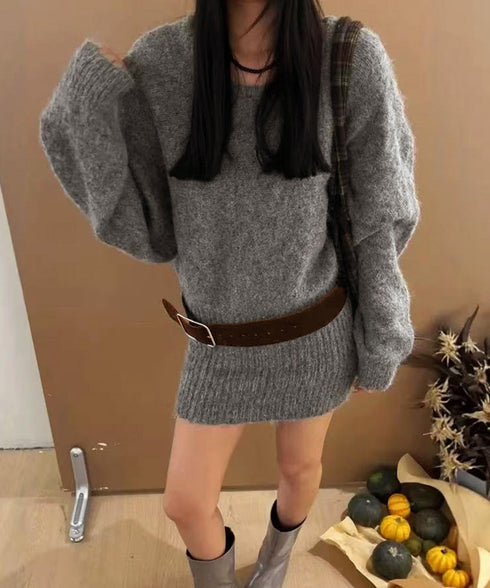 ミニニットワンピースウエストマーク韓国風 ベルト付きリブワンピース レディース タイトシャギーミニワンピース チュニックワンピ秋冬長袖 オフショルダーワンピ着やせ 86LHYI-001