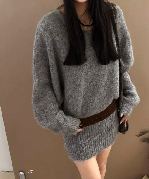 ミニニットワンピースウエストマーク韓国風 ベルト付きリブワンピース レディース タイトシャギーミニワンピース チュニックワンピ秋冬長袖 オフショルダーワンピ着やせ 86LHYI-001