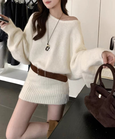 ミニニットワンピースウエストマーク韓国風 ベルト付きリブワンピース レディース タイトシャギーミニワンピース チュニックワンピ秋冬長袖 オフショルダーワンピ着やせ 86LHYI-001