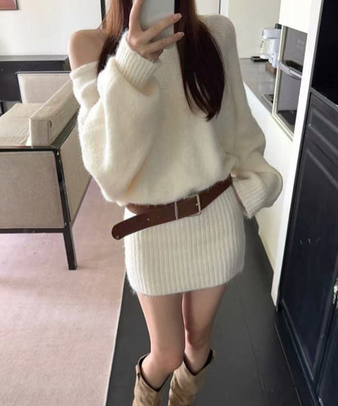 ミニニットワンピースウエストマーク韓国風 ベルト付きリブワンピース レディース タイトシャギーミニワンピース チュニックワンピ秋冬長袖 オフショルダーワンピ着やせ 86LHYI-001