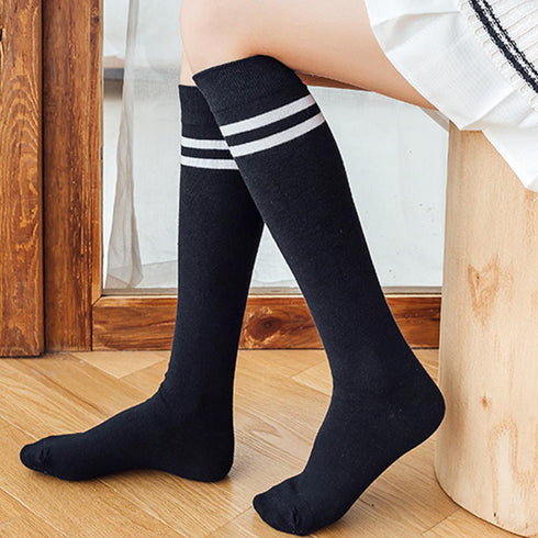 ハイソックス レディース 2本ライン ハイソックス レディース 2本ライン 靴下 綿 ボーダー ロングソックス 通学 靴下 無地 86LINGQ-001