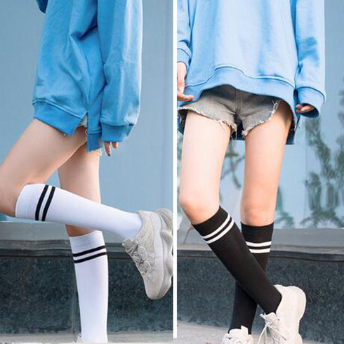 ハイソックス レディース 2本ライン ハイソックス レディース 2本ライン 靴下 綿 ボーダー ロングソックス 通学 靴下 無地 86LINGQ-001