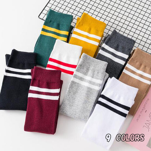 ハイソックス レディース 2本ライン ハイソックス レディース 2本ライン 靴下 綿 ボーダー ロングソックス 通学 靴下 無地 86LINGQ-001