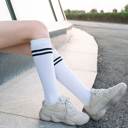 ハイソックス レディース 2本ライン ハイソックス レディース 2本ライン 靴下 綿 ボーダー ロングソックス 通学 靴下 無地 86LINGQ-001