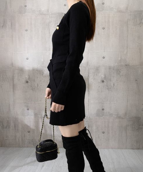 ミニニットワンピース ゴールドボタン上品 レディース セクシーリブミニワンピ膝上丈 タイトワンピースウエストマーク クールネック セータードレスパーティー 韓国風 86LJIAR-001