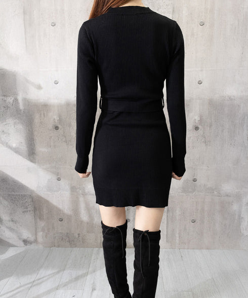 ミニニットワンピース ゴールドボタン上品 レディース セクシーリブミニワンピ膝上丈 タイトワンピースウエストマーク クールネック セータードレスパーティー 韓国風 86LJIAR-001